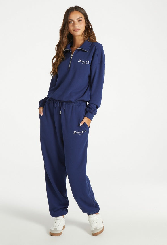 Quarter Zip Pullover Sweatshirt Medieval Blue/ White Graphic