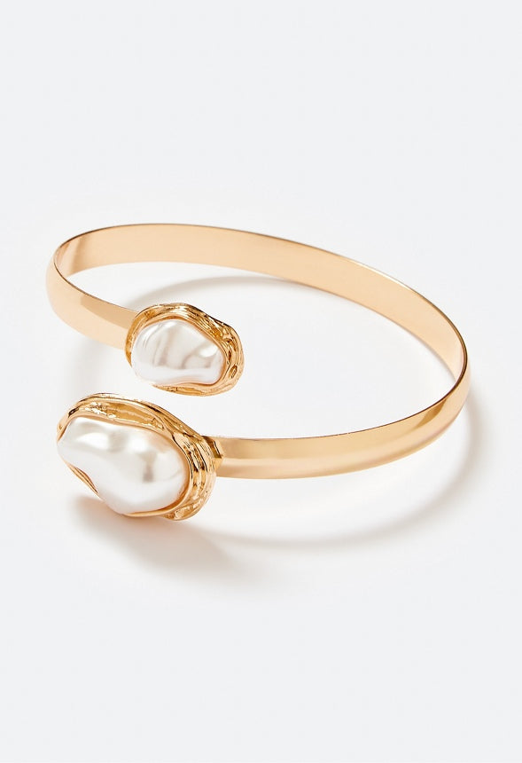 Julia Double Organic Pearl Metal Cuff Bracelet Cream/ Gold
