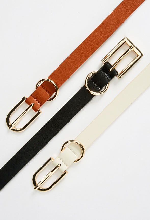Multi Pack Thin Belt Trio Black/ Cognac/ Birch White