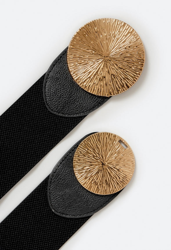 Halo Elasticated Waist Belt With Double Disc Buckle with Sunburst Design Black