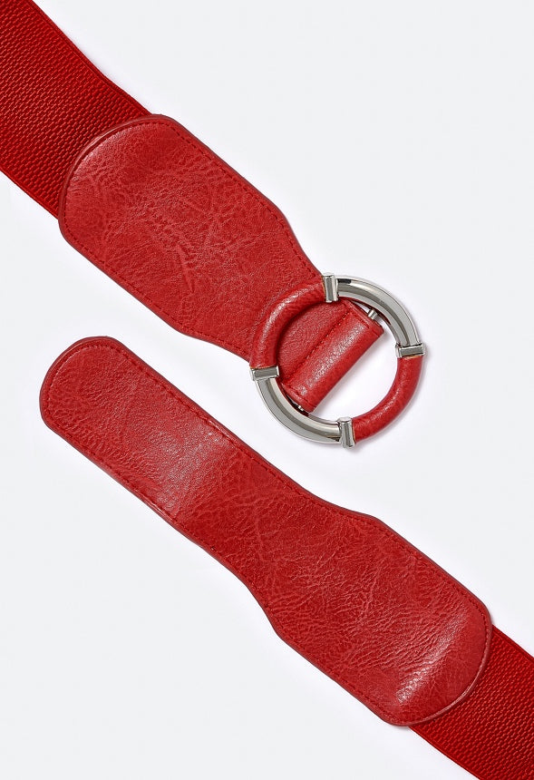 Liu Elastic Waist Belt With Metal Ring Detail Red/ Silver