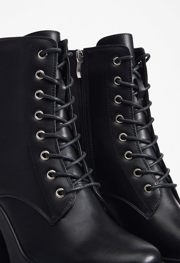 Letty Block Heeled Lace-Up Bootie Black Caviar