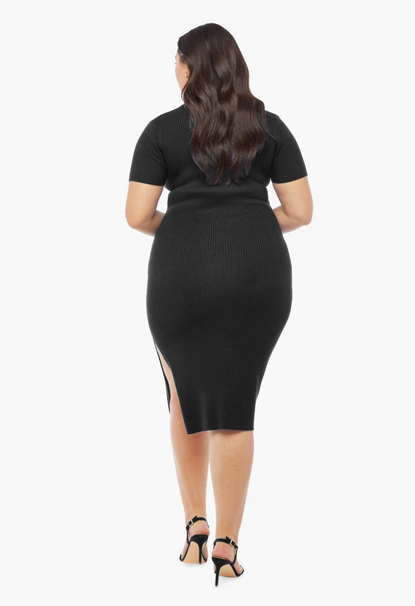 Plus Size Ribbed Collar Dress Black Caviar