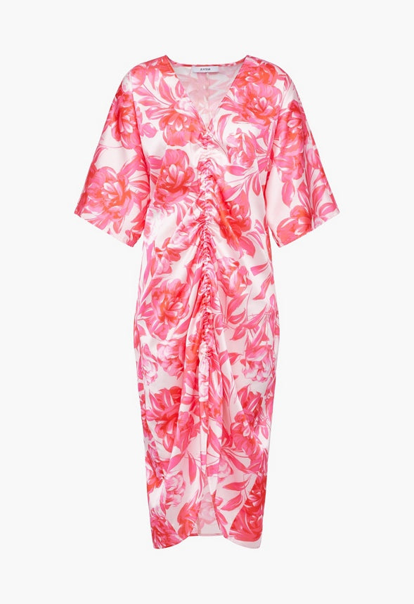 Ruched Kaftan Dress Hot Coral Floral