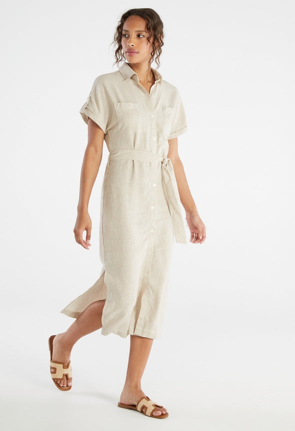 Linen Midi Shirtdress Oatmeal Stripe