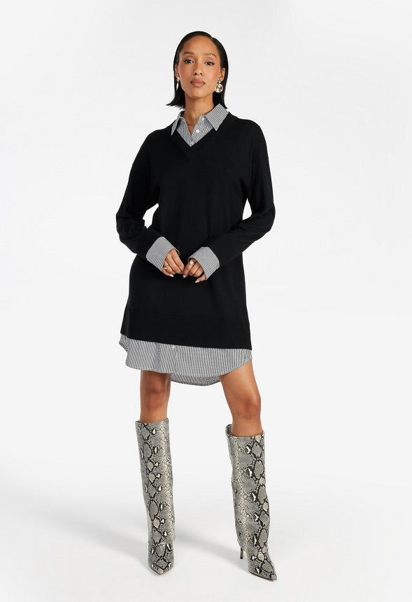 Combo Shirt Mini Dress Black Caviar/ Stripe