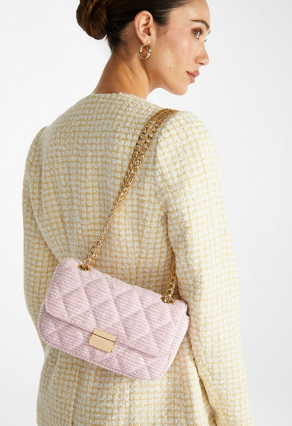Quilted Push Lock Crossbody Candy Pink Tweed