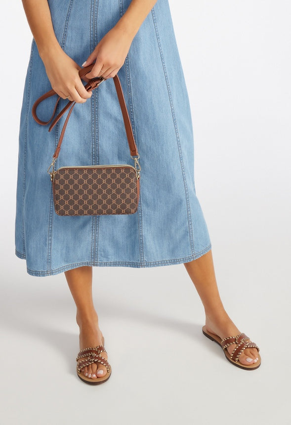 Double Pocket Zippered Crossbody Brown Logo