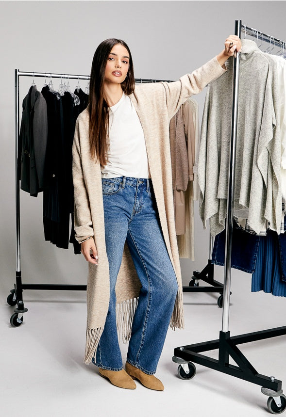 Fringe Duster Cardigan Warm Taupe Heather
