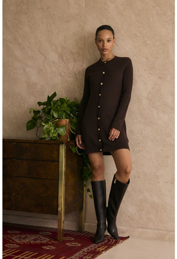 Cable Knit Cardigan Dress Coffee