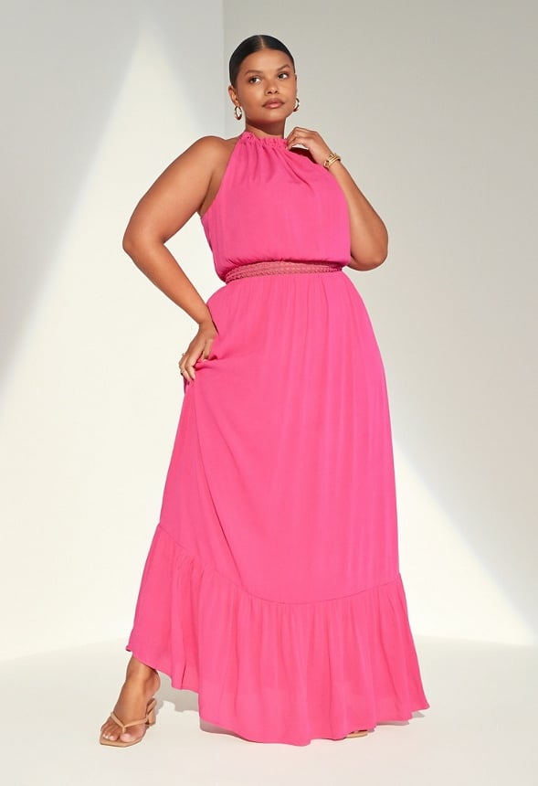 Plus Size Crochet Trim High Halter Maxi Dress Fuchsia