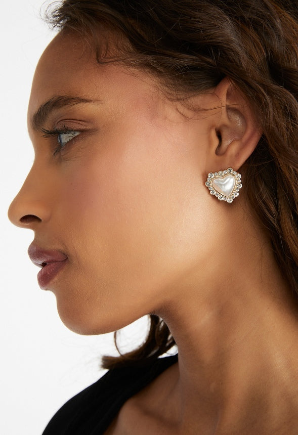 Reese Crystal and Pearl Heart Stud Earrings Crystal/Gold