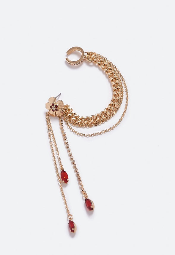 Angel Linked Flower and Navette Earcuff Red/Gold