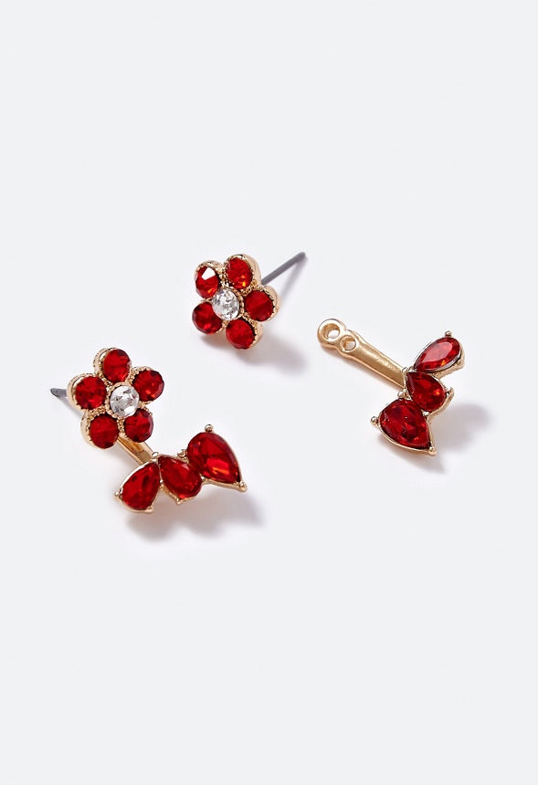 Alora Flower and Navette Front and Back Stud Red/Gold