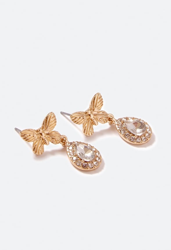 Aarna Butterfly & Teardrop Earrings Crystal/ Gold