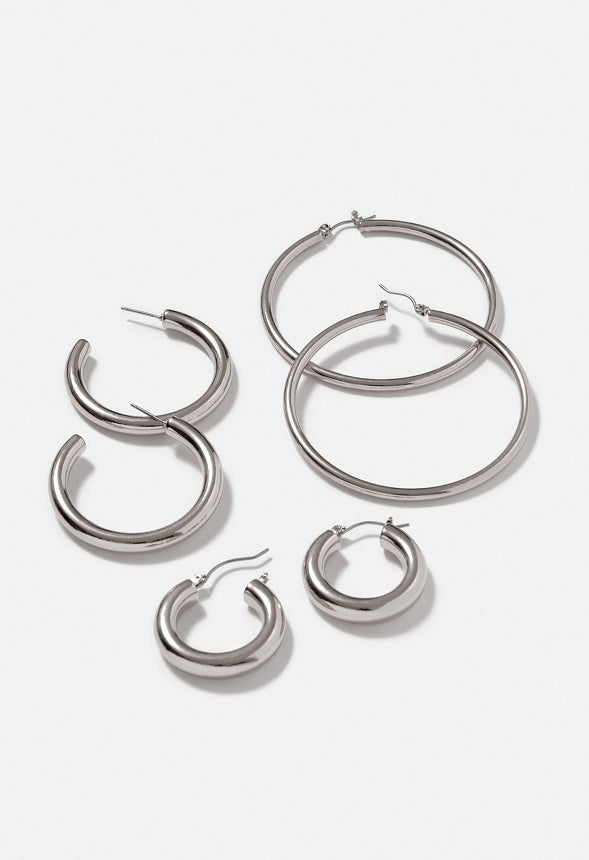 3-Pair Pack Zara Smooth Hoop Earrings Silver