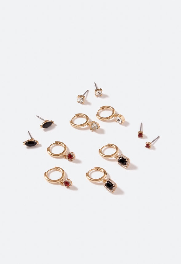 6-Pair Pack Gwen Glass Stones Mix Earrings Red/ Jet/ Crystal