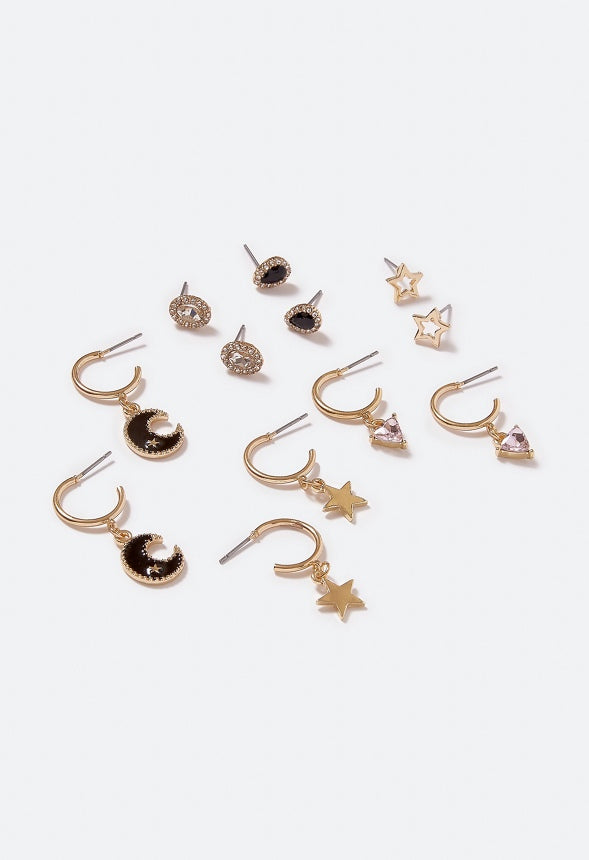 6-Pair Pack Linda Celestial Glass Stones Mix Earri Jet/ Crystal/ Gold
