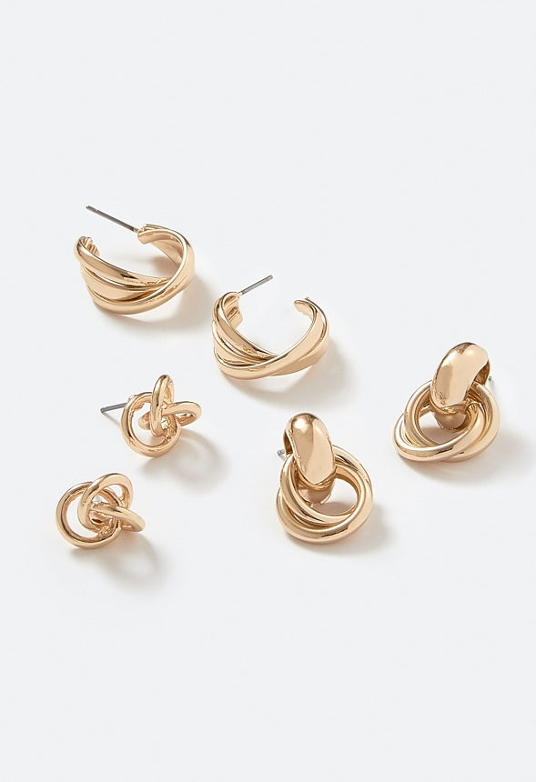 3-Pairs Macy Twisted Knot Mixed Earrings Pack Gold