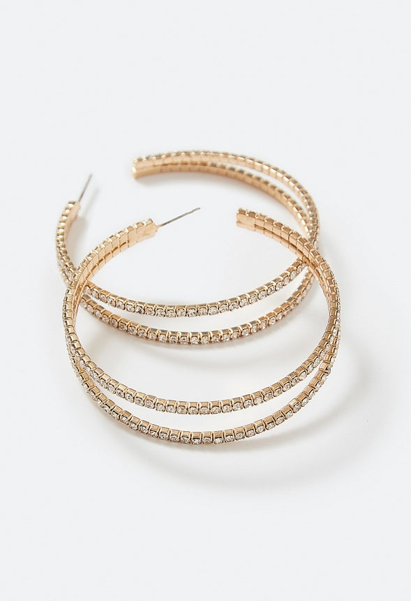 Edie Double Row Glass Rhinestone Hoop Earrings Crystal/ Gold