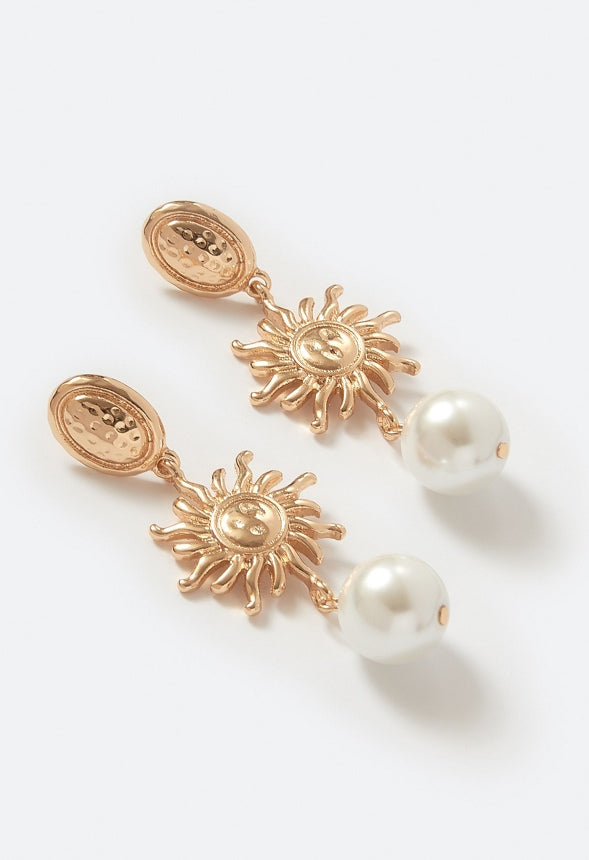 Lina Molten Metal Sun Charm And Glass Pearl Drop Earrings Gold
