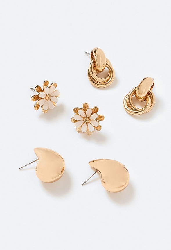 3-Pair Luz Molten Teardrop Door Knocker & Flower Studs Earrings Gold