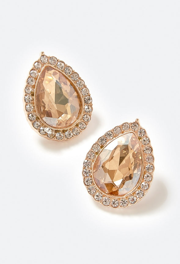 Tru Glass Stone Teardrop With Rhinestones Surrounding Stud Earrings Topaz/ Gold