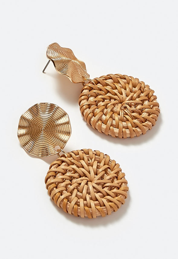 Bia Ribbed Metal And Raffia Double Disc Drop Earrings Gold/ Raffia