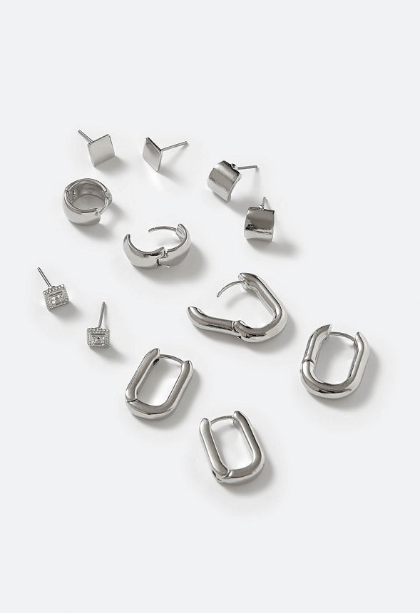 6-Pairs Pack Tara Mixed Metal Studs And Hinged Hoops Earrings Silver