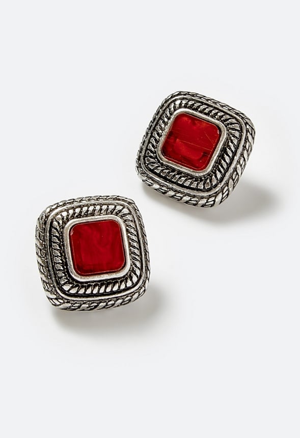 Ivet Square Stone And Ribbed Surround Stud Earrings Red/ Silver