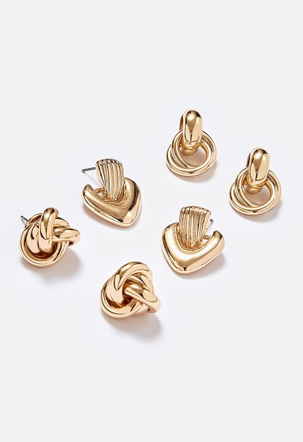 3-Pairs Gaia Pack Door Knockers And Knot Stud Earrings Gold