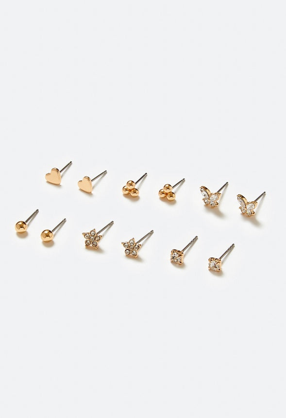 6-Pair Mave Glass Stones Mix Stud Earrings Pack Crystal/ Gold