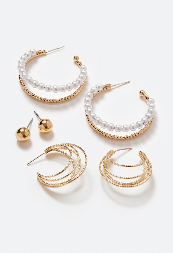3 Pair Ada Mix Hoops and Domed Stud Earrings Pack Cream/ Gold