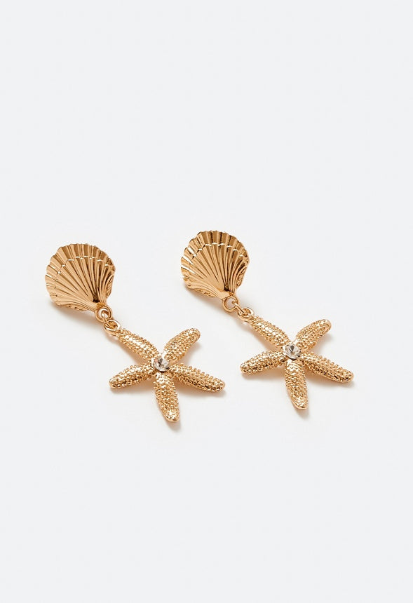 Ariel Shell And Starfish Drop Earrings Crystal/ Gold