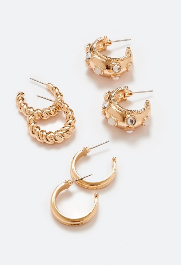 3-Pairs Kaia Pack Mix Hoops With Pearls Cream/ Gold