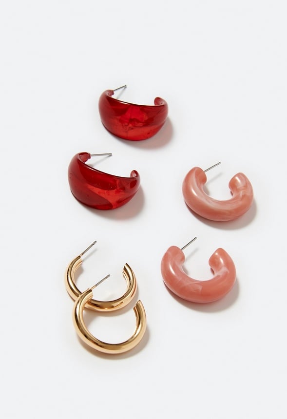 3-Pair Emme Mixed Resin And Metal Hoop Earrings Burgundy/ Pink/ Gold