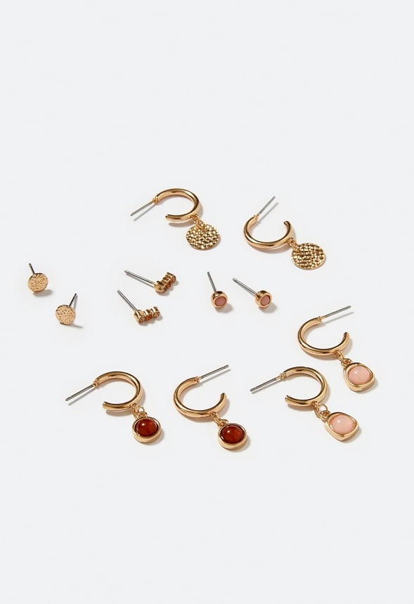 6-Pair Hana Mixed Metal Studs & Hoops With Smooth Stone Inlay Topaz/ Pink/ Gold Mix