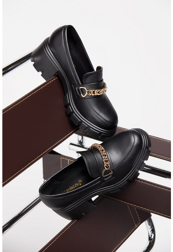 LELI CHAIN DETAIL LUG SOLE LOAFER Black Caviar