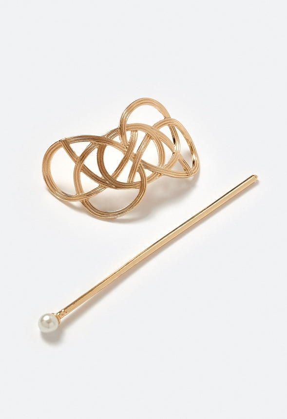 Anna Woven Ribbed Metal Hair Pin With Pearl Bead Gold
