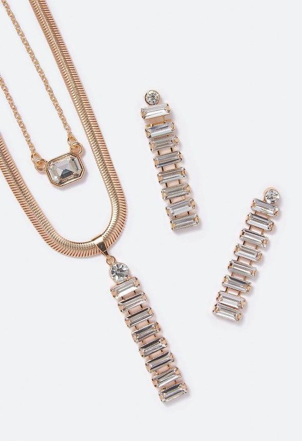 Amalia Baguette Stone Layered Necklace Set Clear/Gold