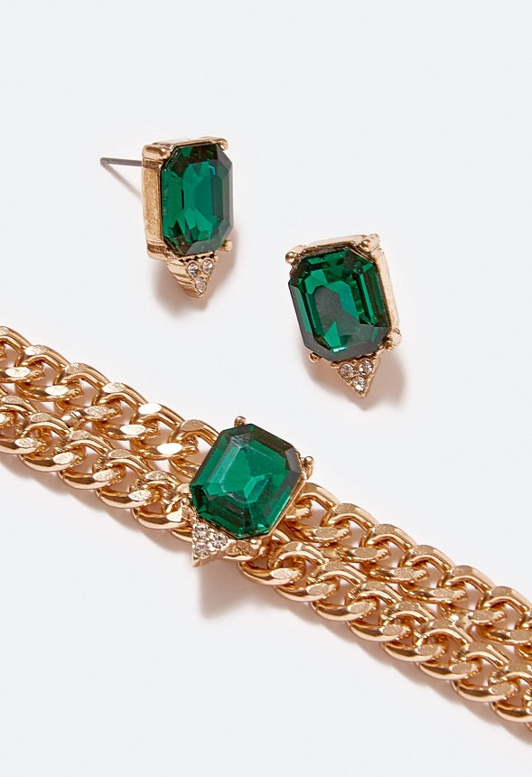 Eliza Emerald Stone Necklace & Stud Earrings Set Emerald/ Gold