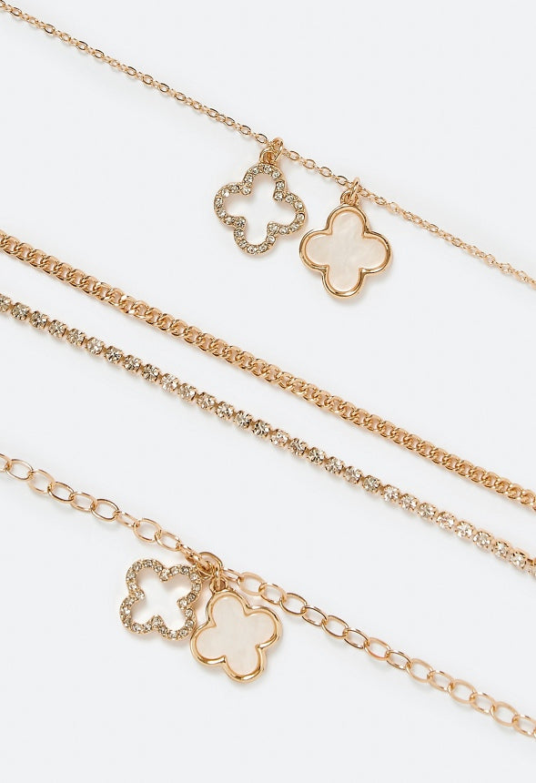 Ela Double Clover Necklace And 2-Row Bracelet Set Cream/ Crystal/ Gold