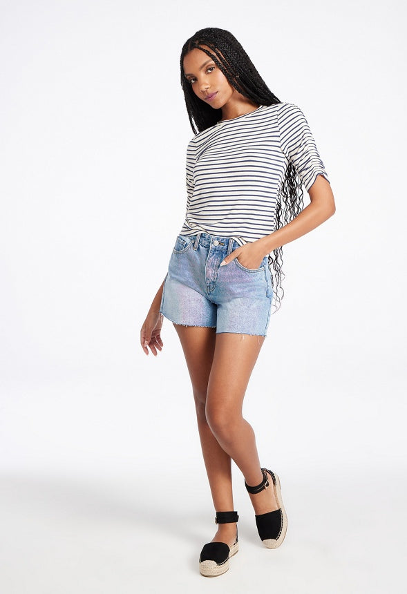 Ruched Elbow Sleeve Tee Marshmallow/ Blue Stripe