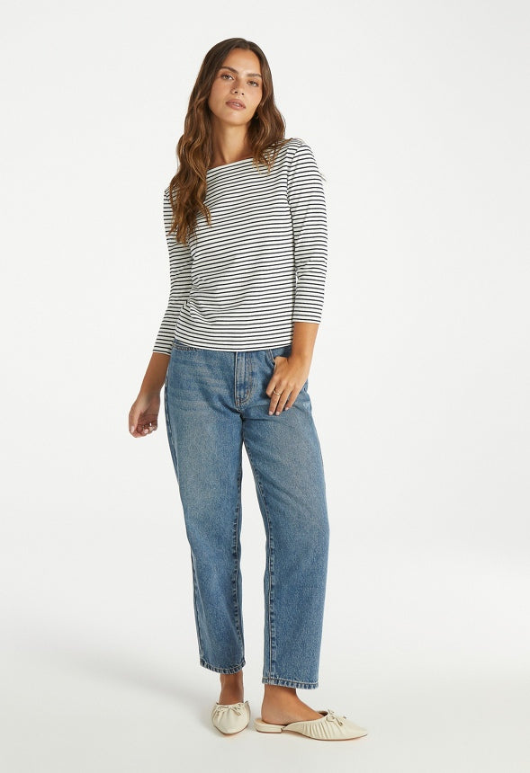 Slim Long Sleeve Boat Neck Tee White/ Navy Stripe