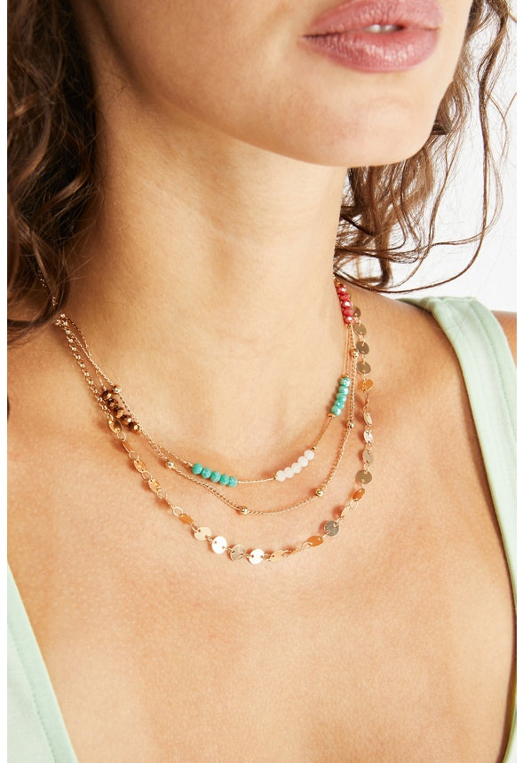 Skyla Beads and Chain Layered Necklace Pink/Teal/Gold