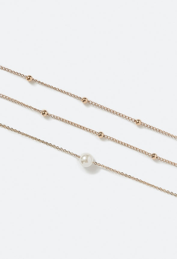 3-Rows Elyse Ball Chain Necklace With Pearl Detail Cream/ Gold