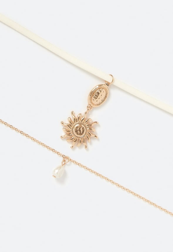 Paige Layered Necklace With Sun Charm And Organic Glass Pearl Drop Cream/ Gold