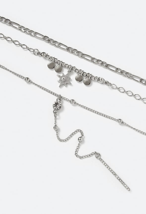 3-Rows Tess Layered Necklace With Celestial Charms Silver