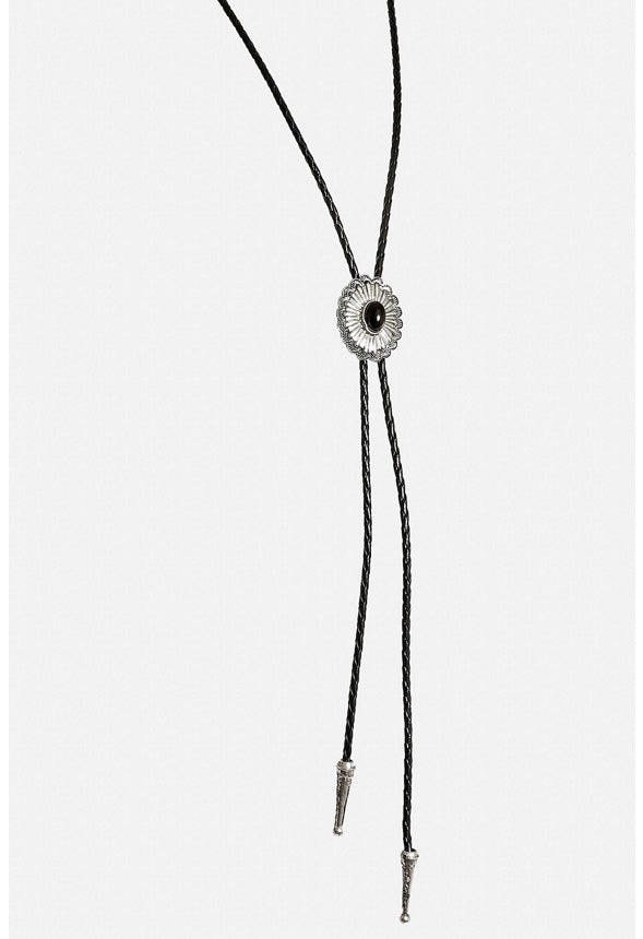 Lexi Faux Leather Bolo Tie Necklace With Floral Western Motif Black