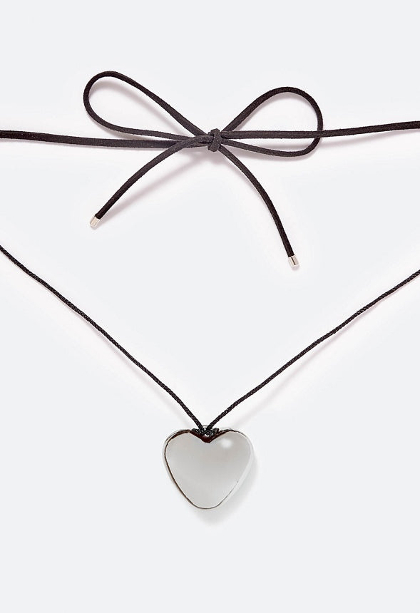 Amie Puff Heart On Faux Suede Wrap Around Choker Silver/ Black